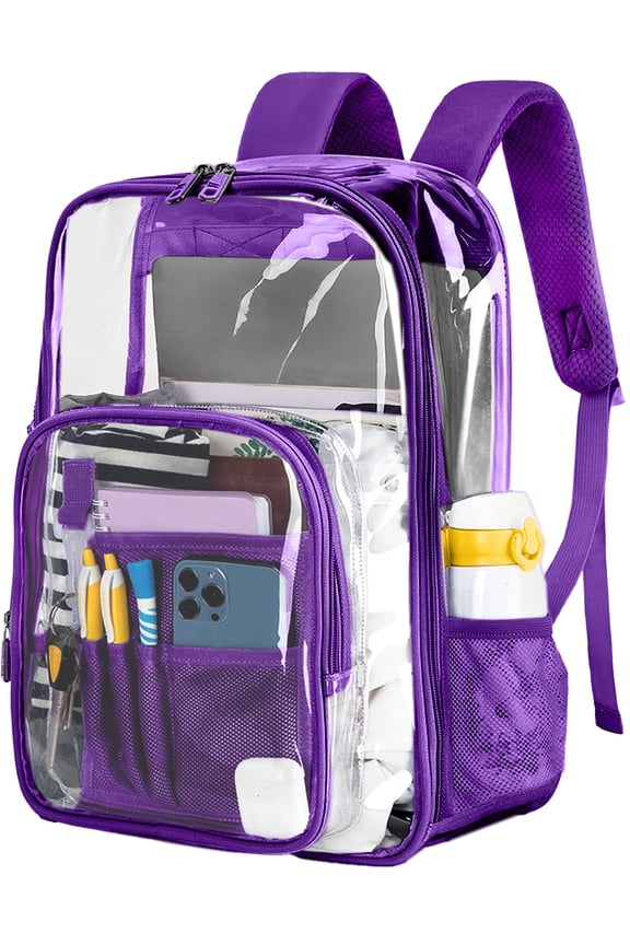 Waterproof Clear Backpack Heavy Duty PVC Transparent Large Capacity Backpack with Reinforced Strap for School, Work, Stadium, Travel, Security, Festival, College (Purple)