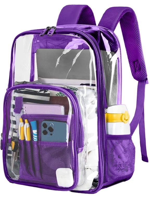 Waterproof Clear Backpack Heavy Duty PVC Transparent Large Capacity Backpack with Reinforced Strap for School, Work, Stadium, Travel, Security, Festival, College (Purple)
