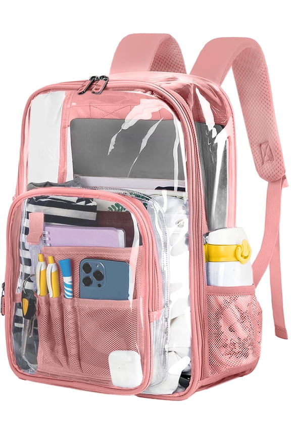 Waterproof Clear Backpack Heavy Duty PVC Transparent Large Capacity Backpack with Reinforced Strap for School, Work, Stadium, Travel, Security, Festival, College (Pink)