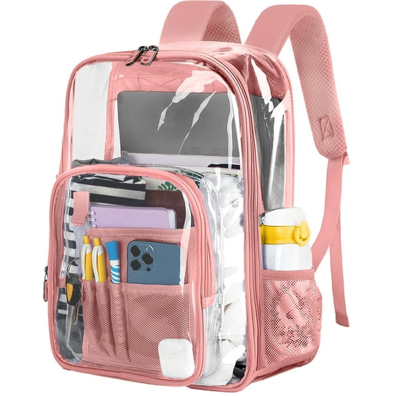 Inadays Waterproof Clear Backpack Heavy Duty PVC Transparent Large Capacity Backpack with Reinforced Strap for School, Work, Stadium, Travel, Security, Festival, College (Pink)