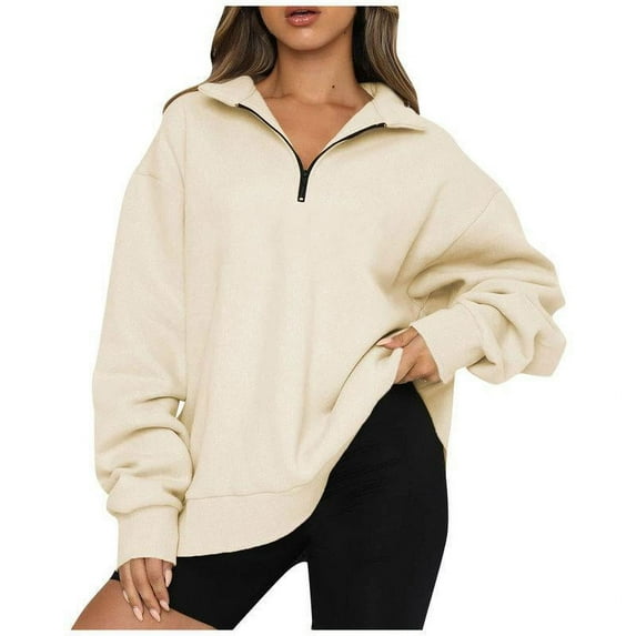 Inadays Women Half Zip Oversized Sweatshirts Long Sleeve Solid Color Hoodie Sweater Drop Shoulder Workout Teen Girls Fall Y2K Pullover Jacket, Apricot, M