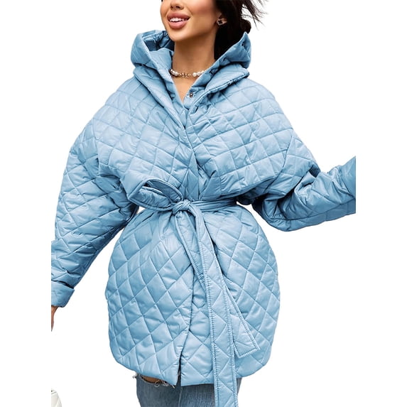 Inadays Women Quilted Jacket Winter Wadded Coat Long Sleeve Jackets Button Down Outerwear with Removable Hood Puffer Coats with Pockets, Blue, M