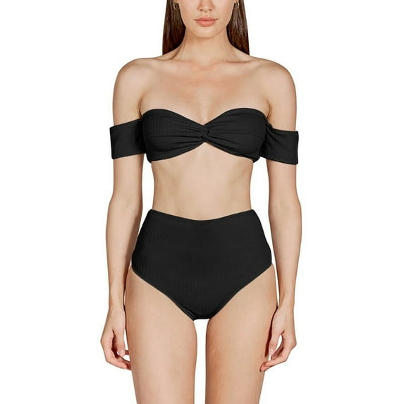 Inadays Women's Off Shoulder Bikini Sets High Cut Bandeau Bathing Suits High Waisted Two Pieces Swimsuit Sexy Swimwear, Black, M