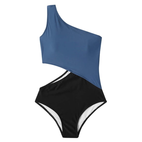 Inadays Women's One Piece Swimsuits One Shoulder Bathing Suits Asymmetric Swimwear Waist Cutout Monokinis, Blue Black, S