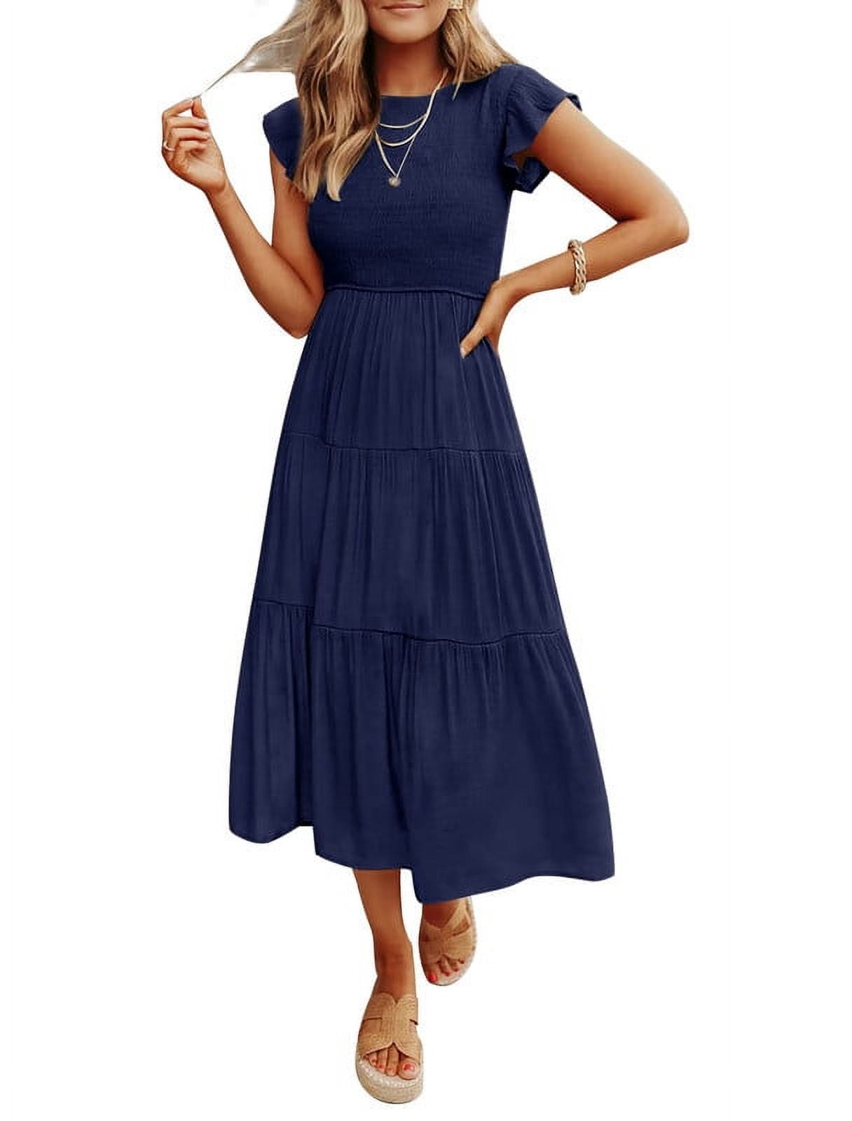 Cotton Short Sleeve Round Neck Elastic Waist Vacation Dresses Cotton Short Sleeve Round Neck Elastic Waist Vacation Dresses