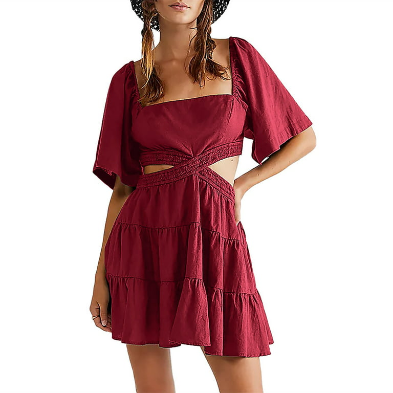 Inadays Women's Summer Square Neck Dress Short Sleeve Casual Flowy A-Line  Mini Dress Ruffle Elastic Waist Cut Out Short Dresses, Wine Red, S 