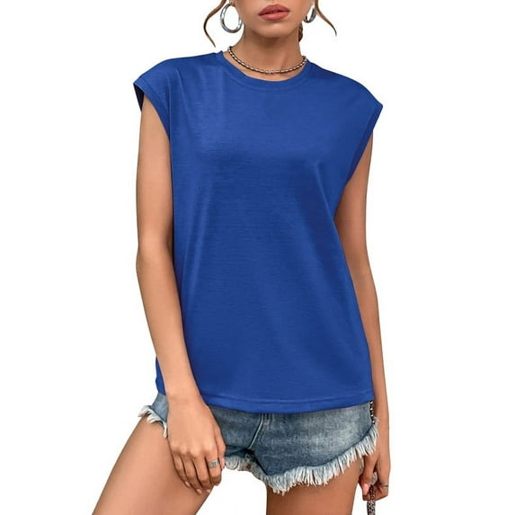 Inadays Womens Summer Tops 2023 Crew Neck T Shirts Cap Sleeve Blouses Summer Solid Color Basic Tops Casual Loose Fitting Tee, Blue, S