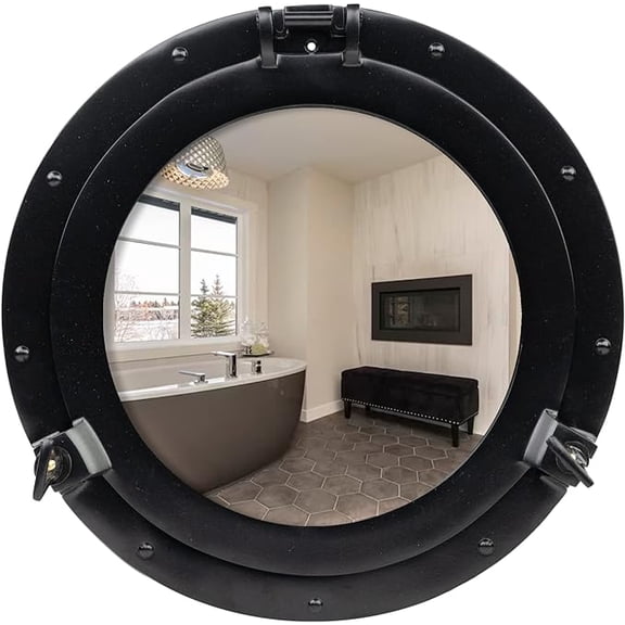 Inanosa 17" Antique Wall Mounted Premium Aluminium and Steel Alloy Vintage Ship's Porthole | Bathroom Window Mirror | Pirate's Maritime Nautical Themed Decor - 1 Pc, Black Finish