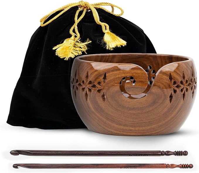 Inanosa 7x4 Inches Rosewood Yarn Bowl for Crocheting with 5,6 mm Crochet Hook, Preventing Slipping and Tangles | Best Gift from Craft Supplies for Crochet Lovers - Adults and Beginners | Brown, 1 Pc