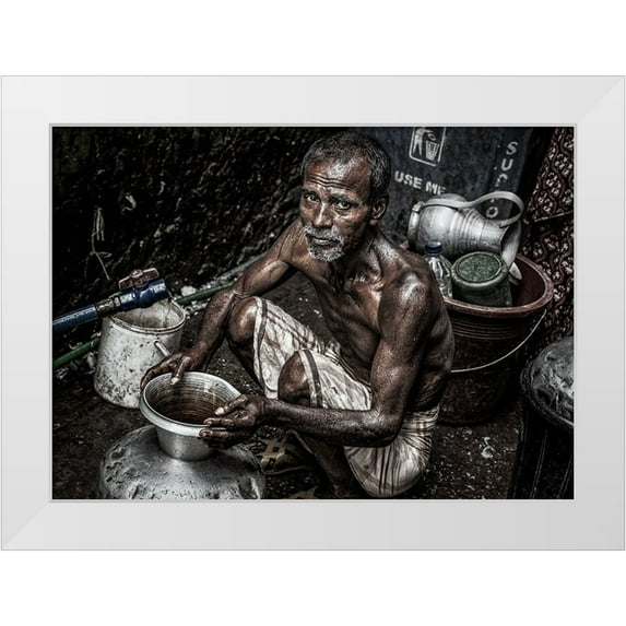 Inazio Kuesta, Joxe 14x11 White Modern Wood Framed Museum Art Print Titled - Man Filling A Pitcher With Water In The Streets Of Bangladesh.