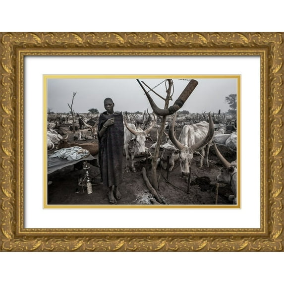 Inazio Kuesta, Joxe 24x17 Gold Ornate Wood Framed with Double Matting Museum Art Print Titled - In A Mundari Cattle Camp-III - South Sudan