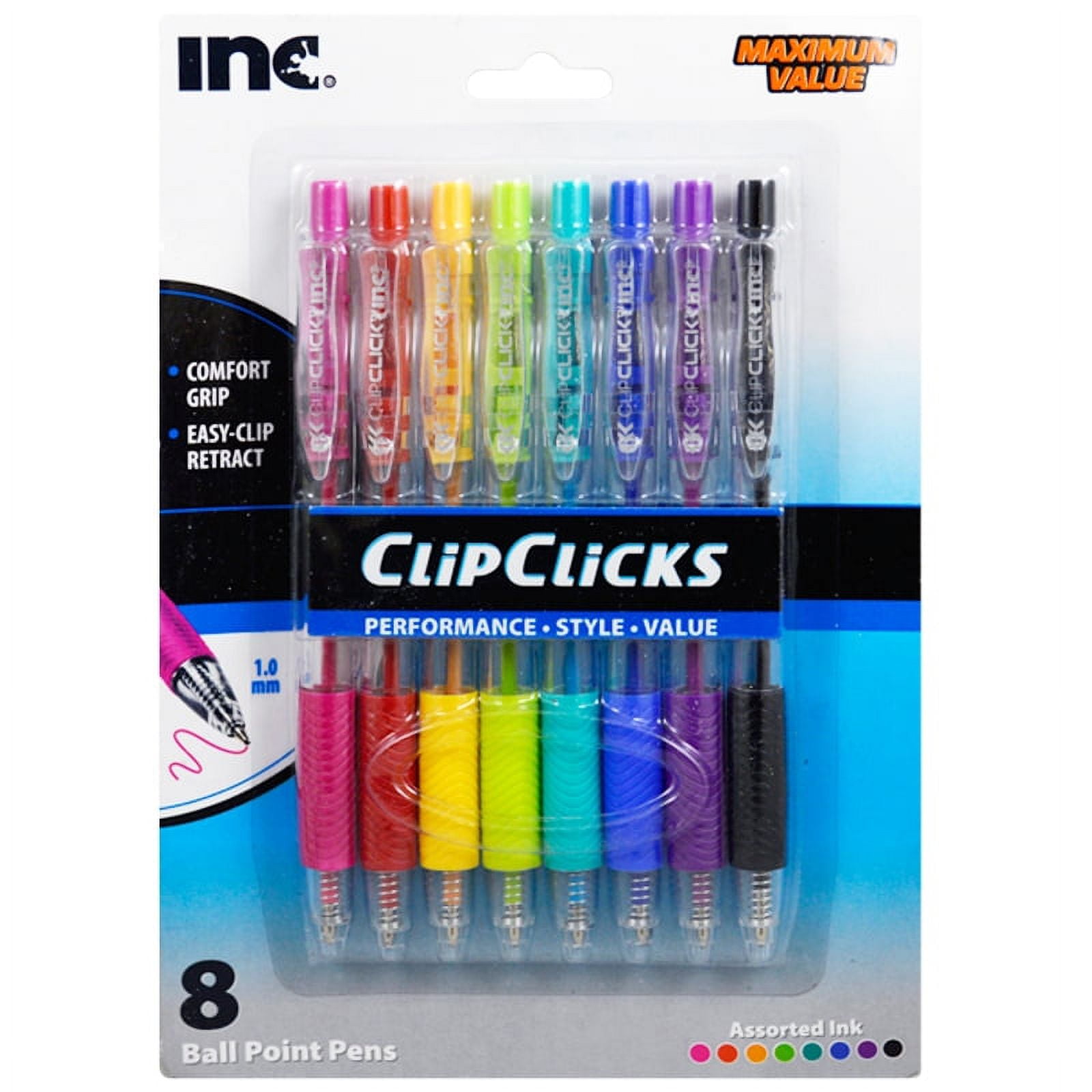 Clip-Clicks Rainbow Comfort Grip, Colored Ink, Ball Point Pens (8 pack) in  8 colors (Pink, Red, Yellow, Green, Teal, Blue, Purple and Black)