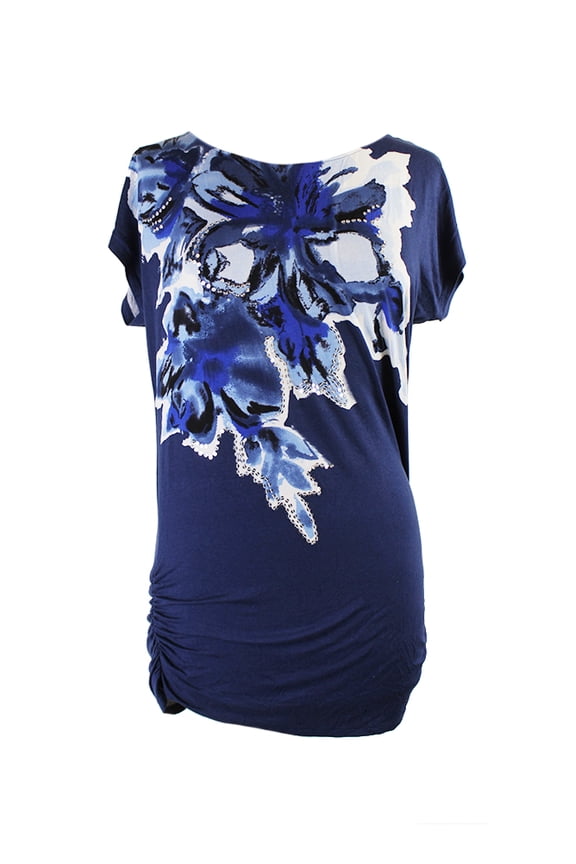 International Concepts Blue Floral-Print Ruched Side Tee M