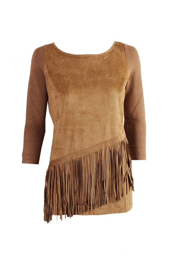 International Concepts Bronzed Camel Faux-Suede Fringe Sweater XS