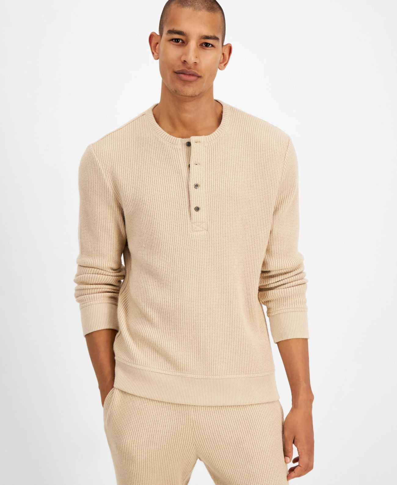 INC INTERNATIONAL CONCEPTS Mens Solid Waffle-Knit Henley Sweatshirt, Beige, XXL