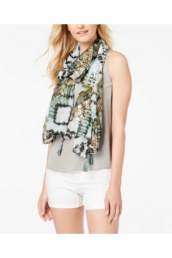 Metallic Shibori-Print Scarf Green, One Size