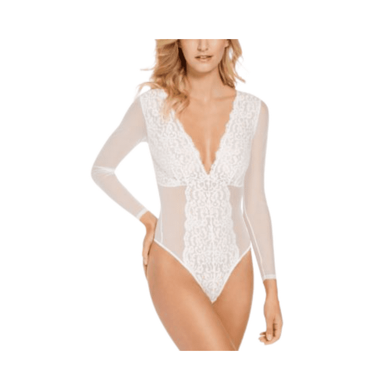 Inc International Concepts Not So Basic Long-Sleeve Lace Mesh Bodysuit (  Washed White Medium )