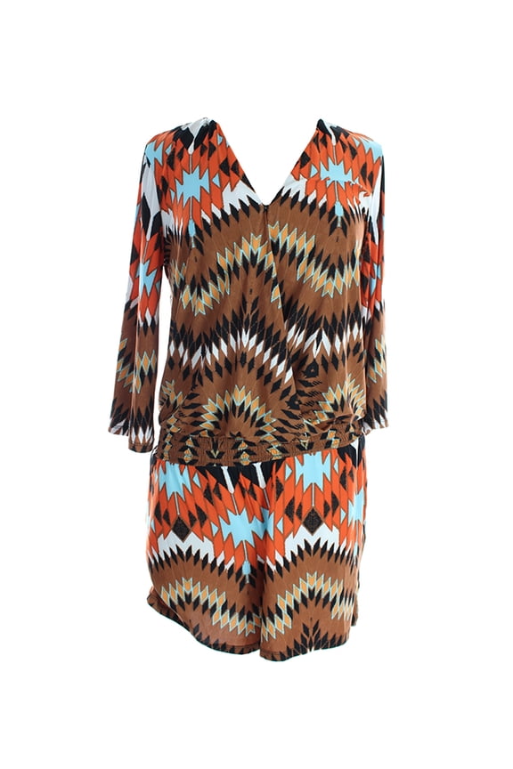 International Concepts Orange Tribal Print Long-Sleeve Romper Regular