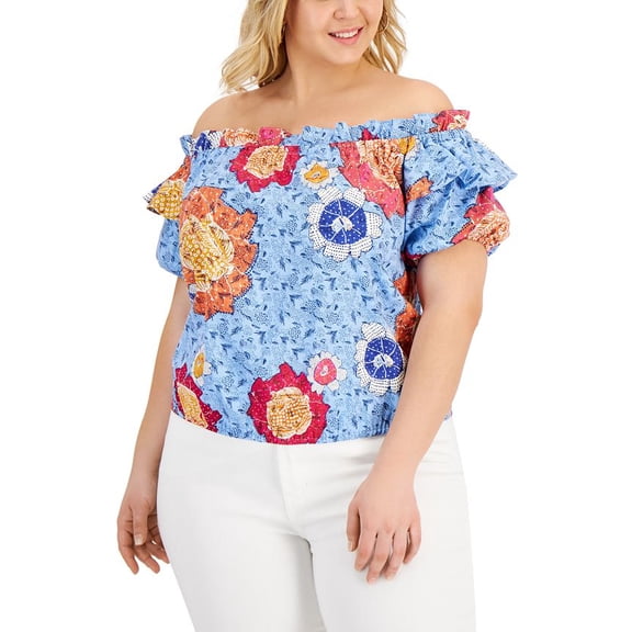 Inc International Concepts Plus Size Cotton Off-The-Shoulder Top Deeta Batik C1 1X