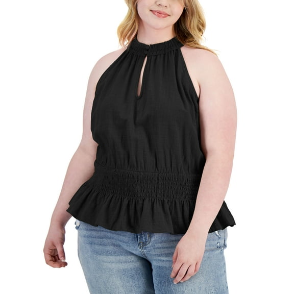 Inc International Concepts Plus Size Smocked Cotton Halter Top Deep Black 3X