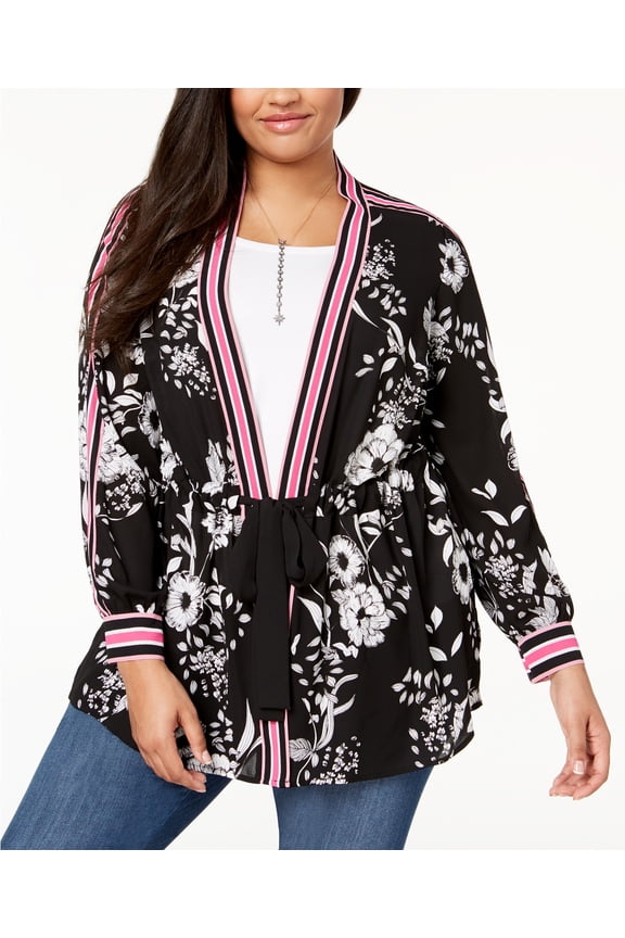 - Striped-Trim Kimono - Plus - 0X