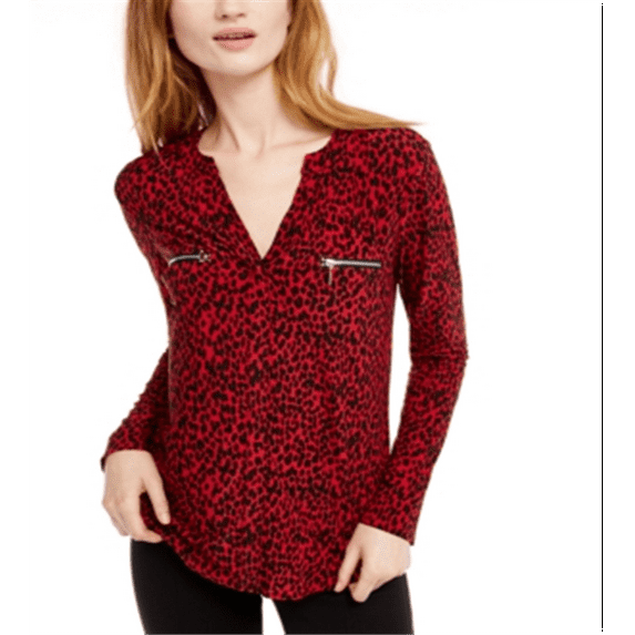 Inc International Concepts Women's Petite Cheetah-Print Zip-Pocket Top Red Size Petite M