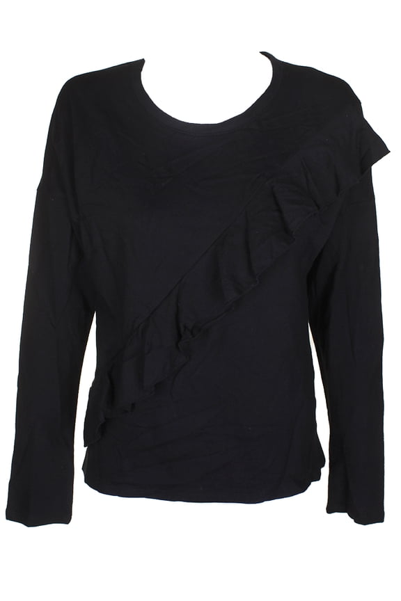 International Concepts Womens Deep Black Ruffled Front Crew Neck Sweatshirt XS