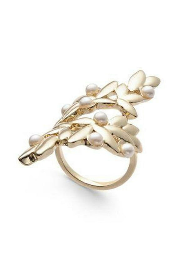 Womens Matte Wrap Around Ring (Gold-Tone Leaf Pearl Wrap Around, 7)