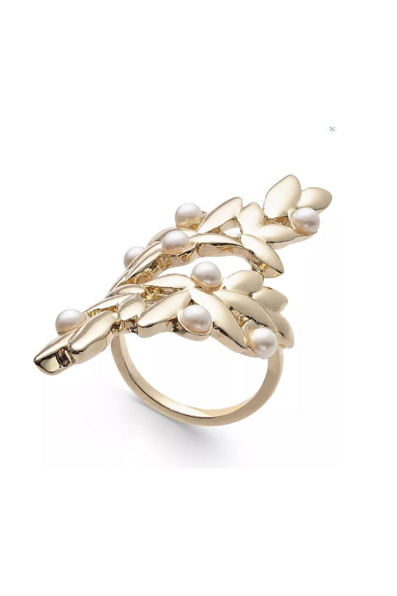 Womens Matte Wrap Around Ring (Gold-Tone Leaf Pearl Wrap Around, 8)