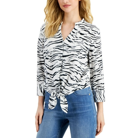 Inc International Concepts Womens Printed Button-Down Top Talia Tiger White XS