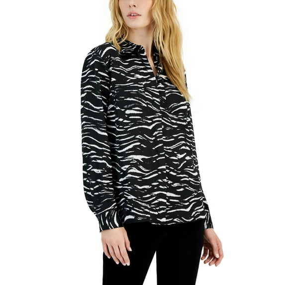 Inc International Concepts Womens Printed Button-Front Pocket Detail Top Talia Tiger White L