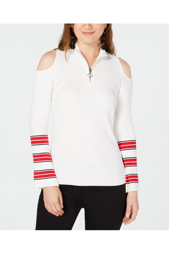 Womens Zip Front Cold Shoulder Sweater Size XS