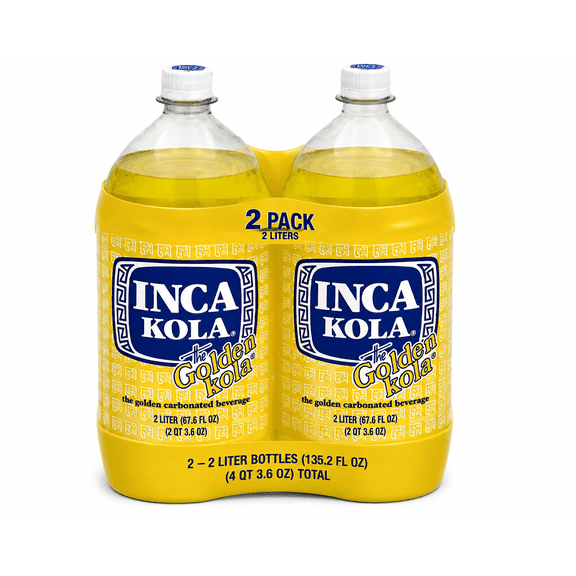 Inca Kola Golden Soda Soft Drink, Fruity Flavored Carbonated Beverage, Peru's Original Golden Cola, Family Size 2 Liter Bottles, 2 Pack