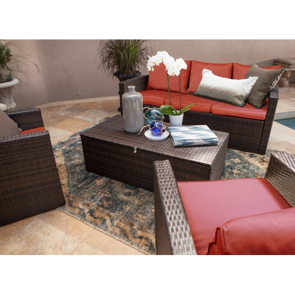 Incadozo 4PC All-Weather Wicker Conversation Set with Storage, Dark Brown/Orange