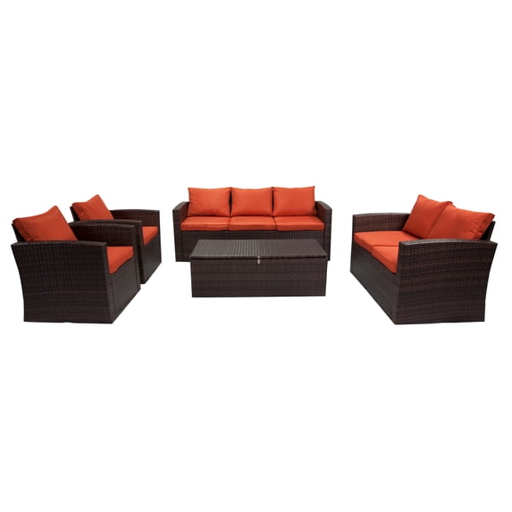 Incadozo 5PC All-Weather Wicker Patio Seating Set, Dark Brown/Orange