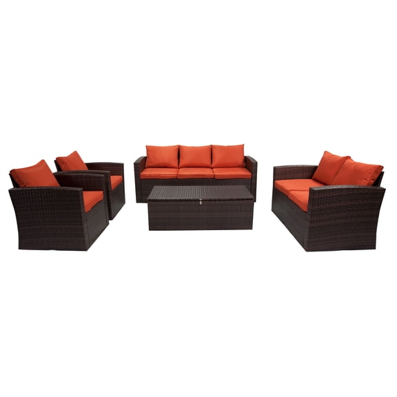 Incadozo 5PC All-Weather Wicker Patio Seating Set, Dark Brown/Orange