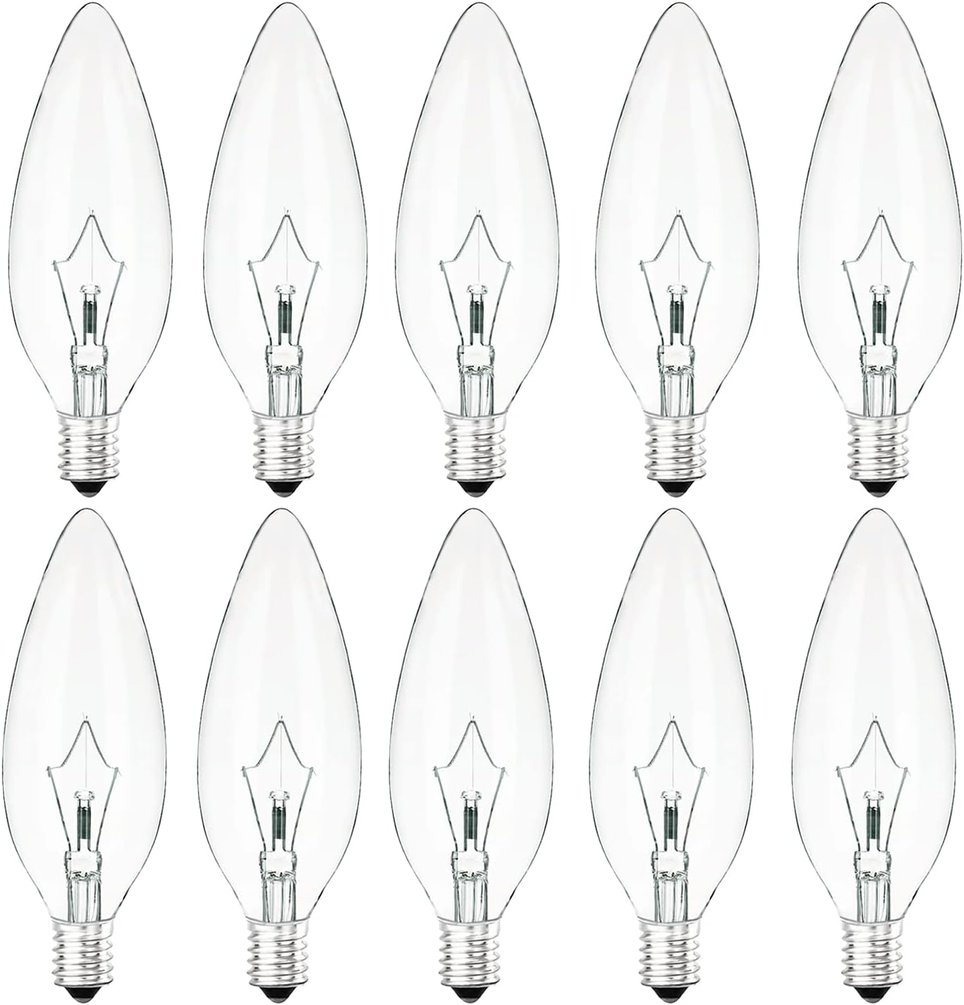 Incandescent Clear Light Bulbs 10 Packs 60W B10 CTC, 120V E12 Candelabra Base Straight Torpedo