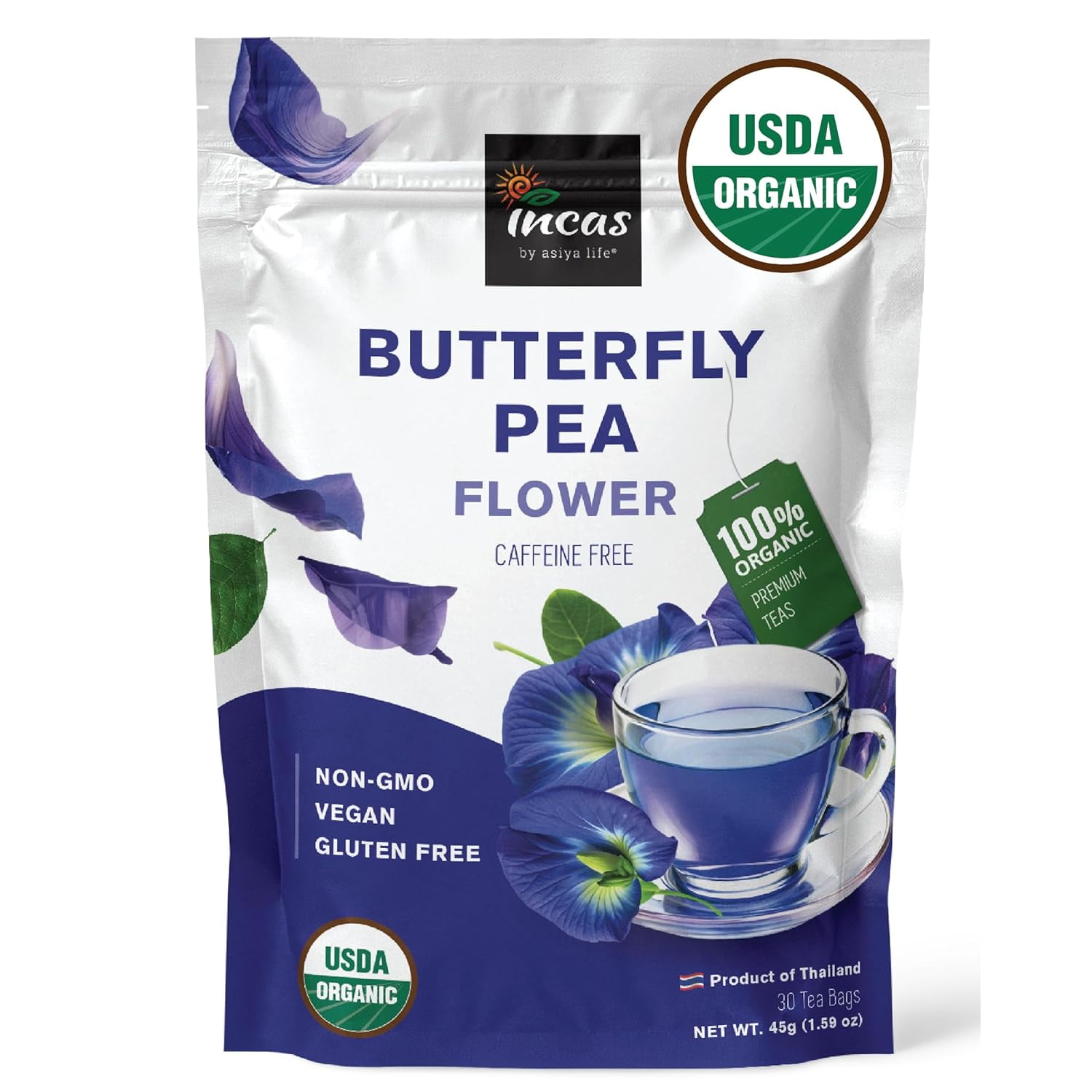 Incas 100% USDA Organic Butterfly Pea Flower 30 Tea Bags Non GMO ...
