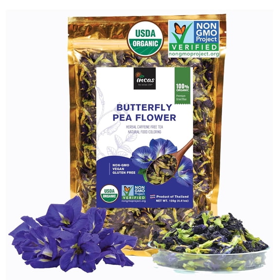 Incas 100% Usda Organic Butterfly Pea Flower 4.41 Oz (375+ Cups) Direct From Source Thailand Non Gmo Verified Dried Caffeine Free Gluten Free Vegan Rich In Antioxidants Free Ebook