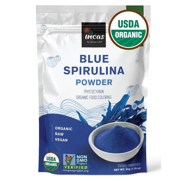 Incas USDA Organic Certified Blue Spirulina Powder 50g (1.77oz) | 1.4x More Intense Blue Color, Best Value