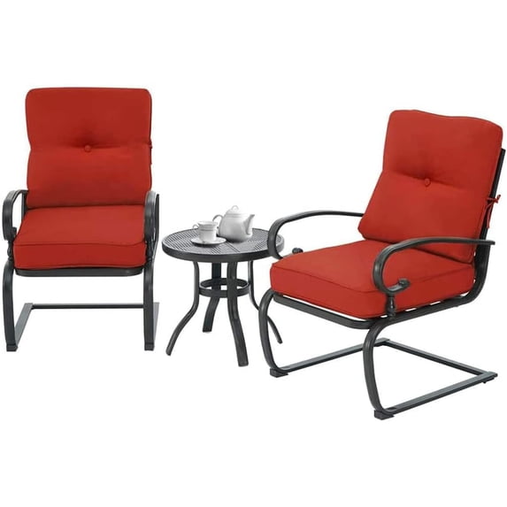 Incbruce Outdoor Furniture 3Pcs Patio Bistro Set, Springs Motion Chairs and Bistro Round Table Set, Metal Small Patio Conversation Set with Cushions (Red)