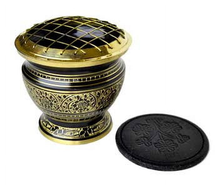 Incense Burner Etched Bowl in Black Relief Brass Screen Lattice Top
