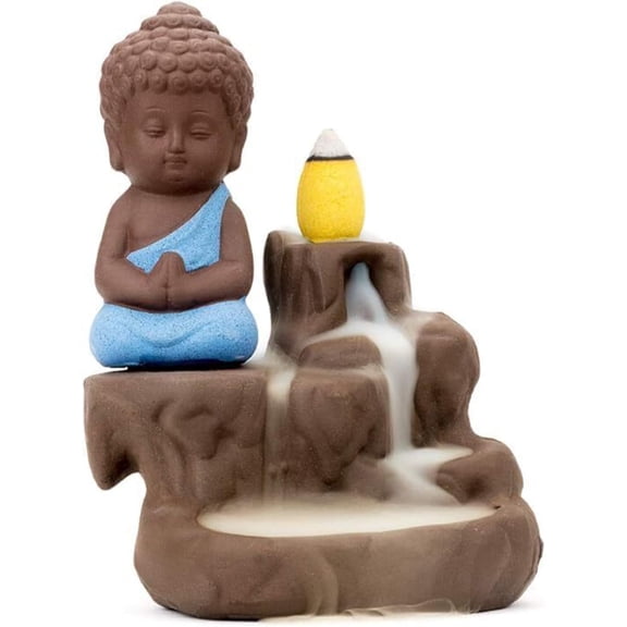 Handmade Ceramic Waterfall Incense Burner Holder, Zen Buddha Style, with 8 Incense Cones, Blue