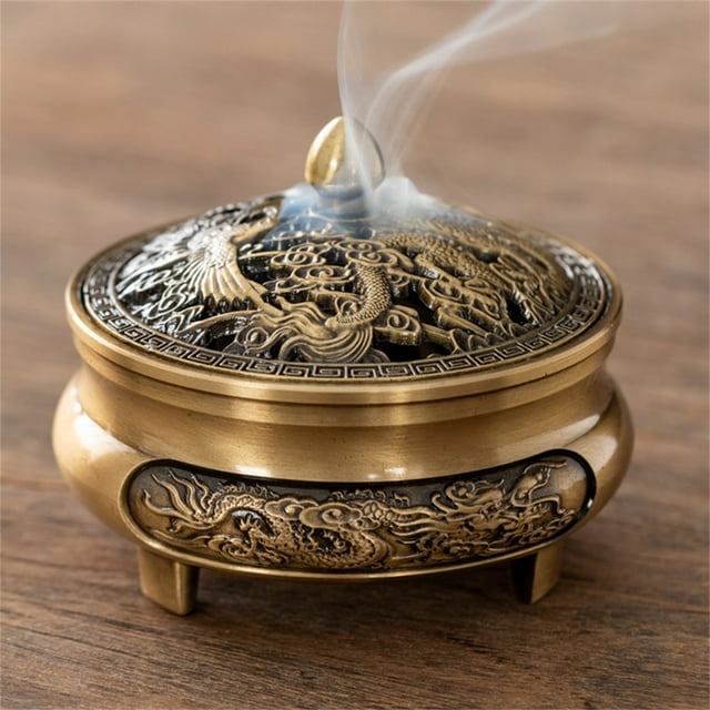 Incense Burner Household Room Aroma Diffuser Frame Aroma Diffuser Decoration, Brass Incense Holder With Lid, Classical Carved Dragon And Phoenix Pattern,