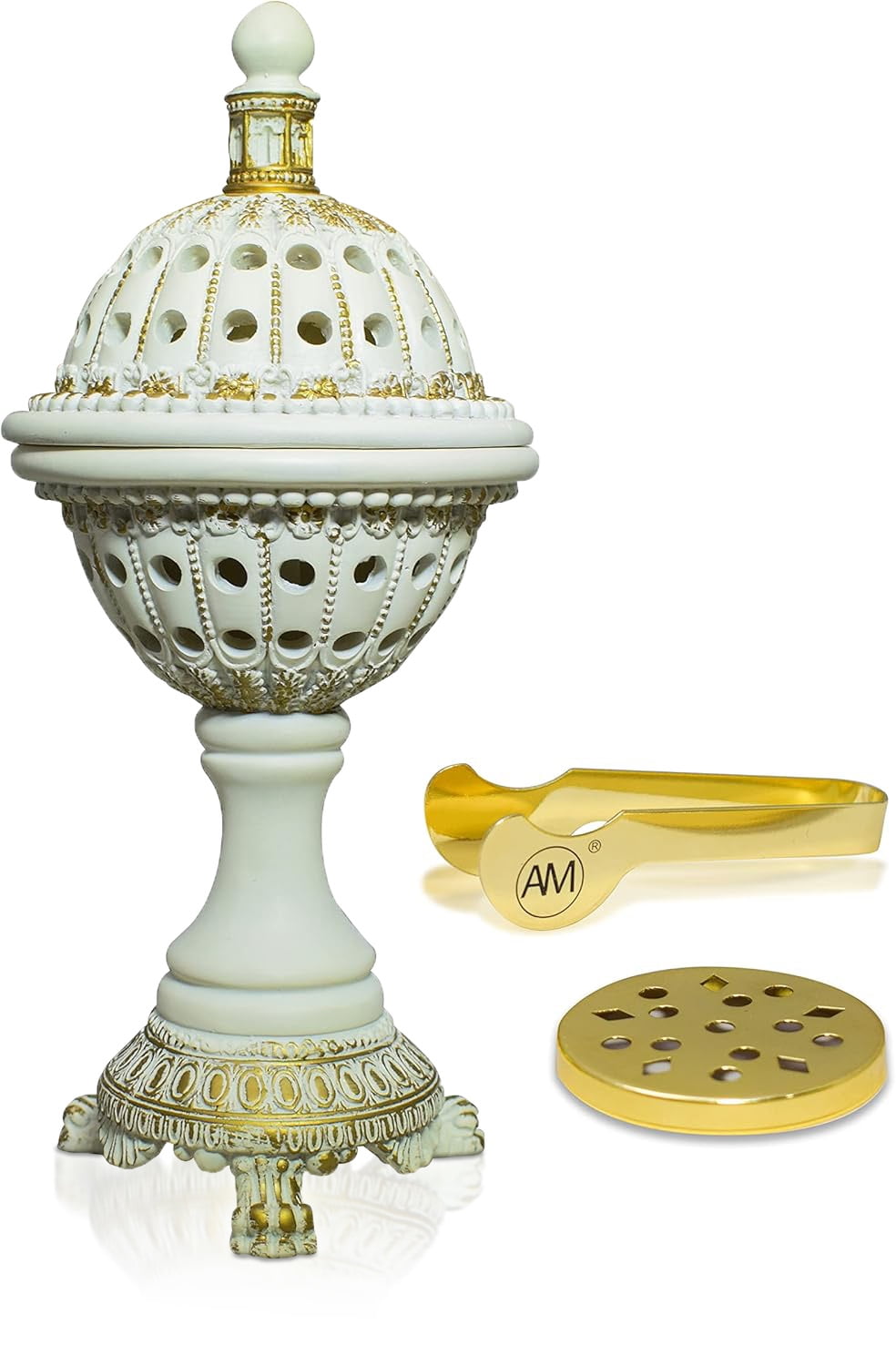 AM Incense Burner Resin Luxury White Globe Charcoal Bakhoor Burners for Your Favorite Arabian Oud Jasmin or Any Other Incense in Powder or Tablet Form for Office & Home Decor
