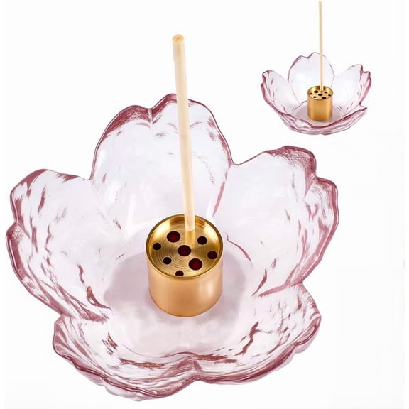 Incense Burner Stick Incense Ash Holder Column Brass 9 Hole Holder Elegant Flower Blossom Glass Dipping Bowl Ash Burner Catcher Set