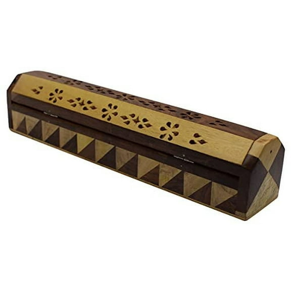 Incense Burner Wooden Coffin Box Sticks & Cones Holder Decorative Design Ash Catcher