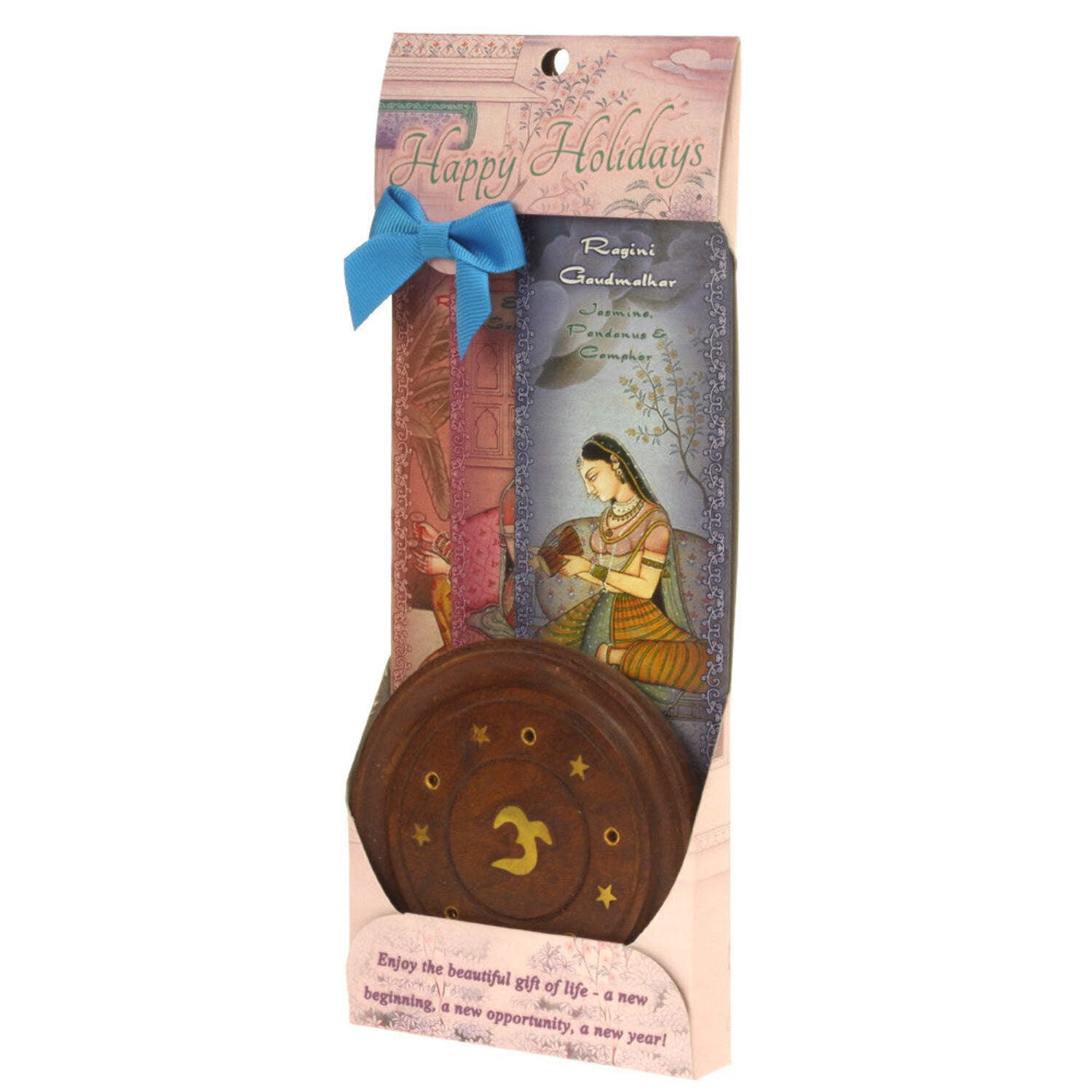 Incense Gift Set - Wood Round Burner + 3 Harmony Incense Sticks  Holiday Greeting (Gaudi, Gaudmalhar, Bhairavi)