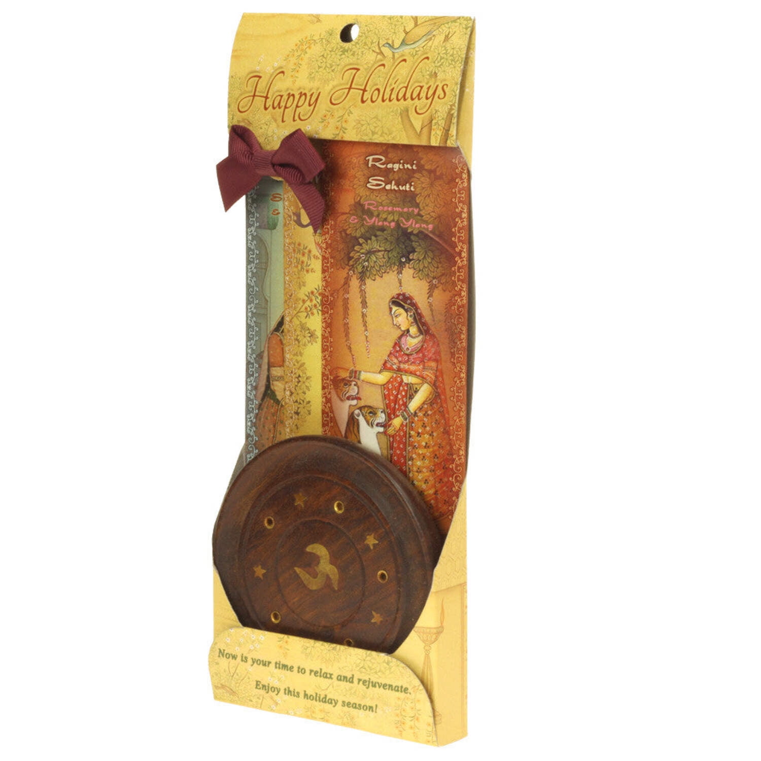 Incense Gift Set - Wood Round Burner + 3 Harmony Incense Sticks  Holiday Greeting (Madhumadhavi, Sehuti, Padmanjari)