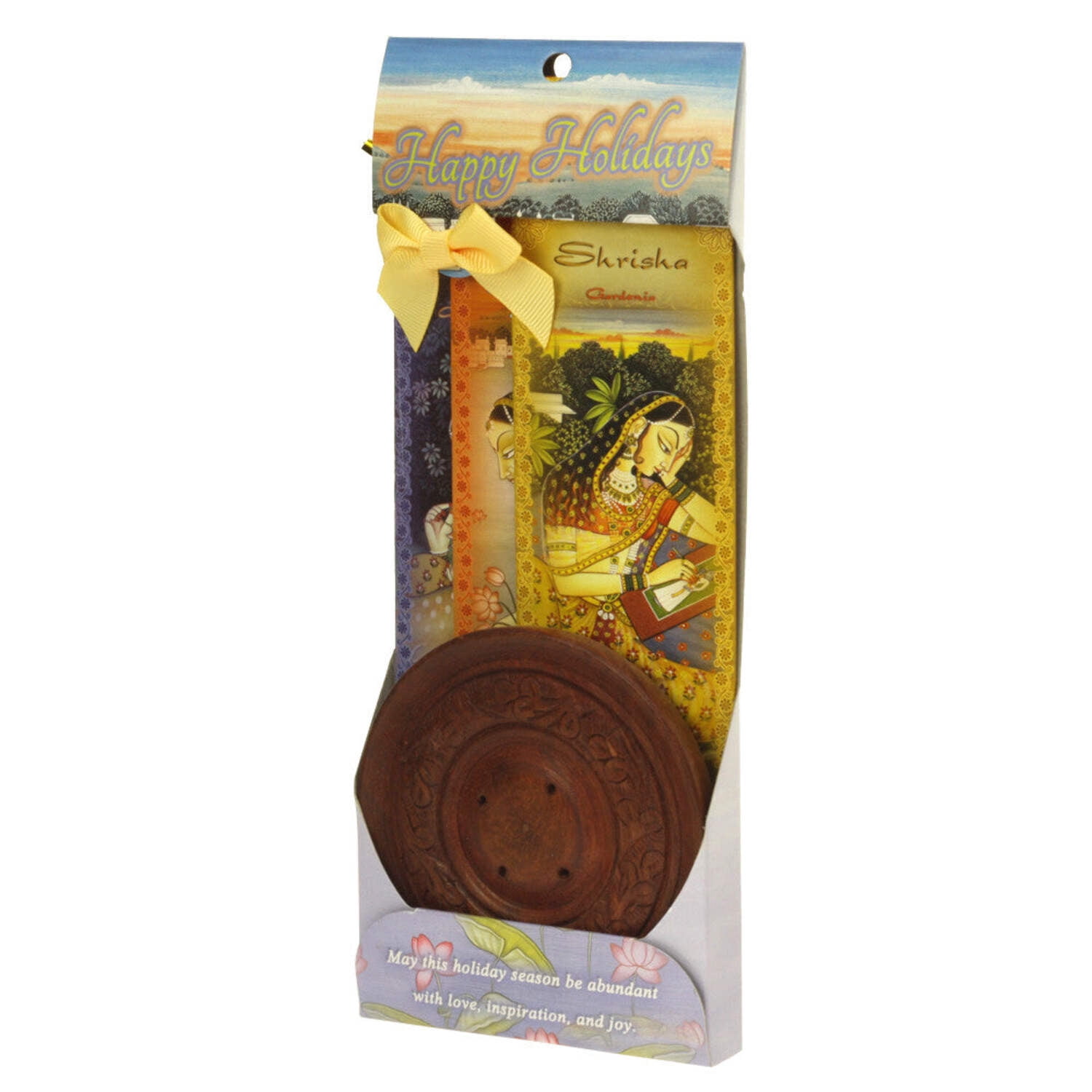 Incense Gift Set - Wood Round Burner + 3 Meditation Incense Sticks Packs  Holiday Greeting